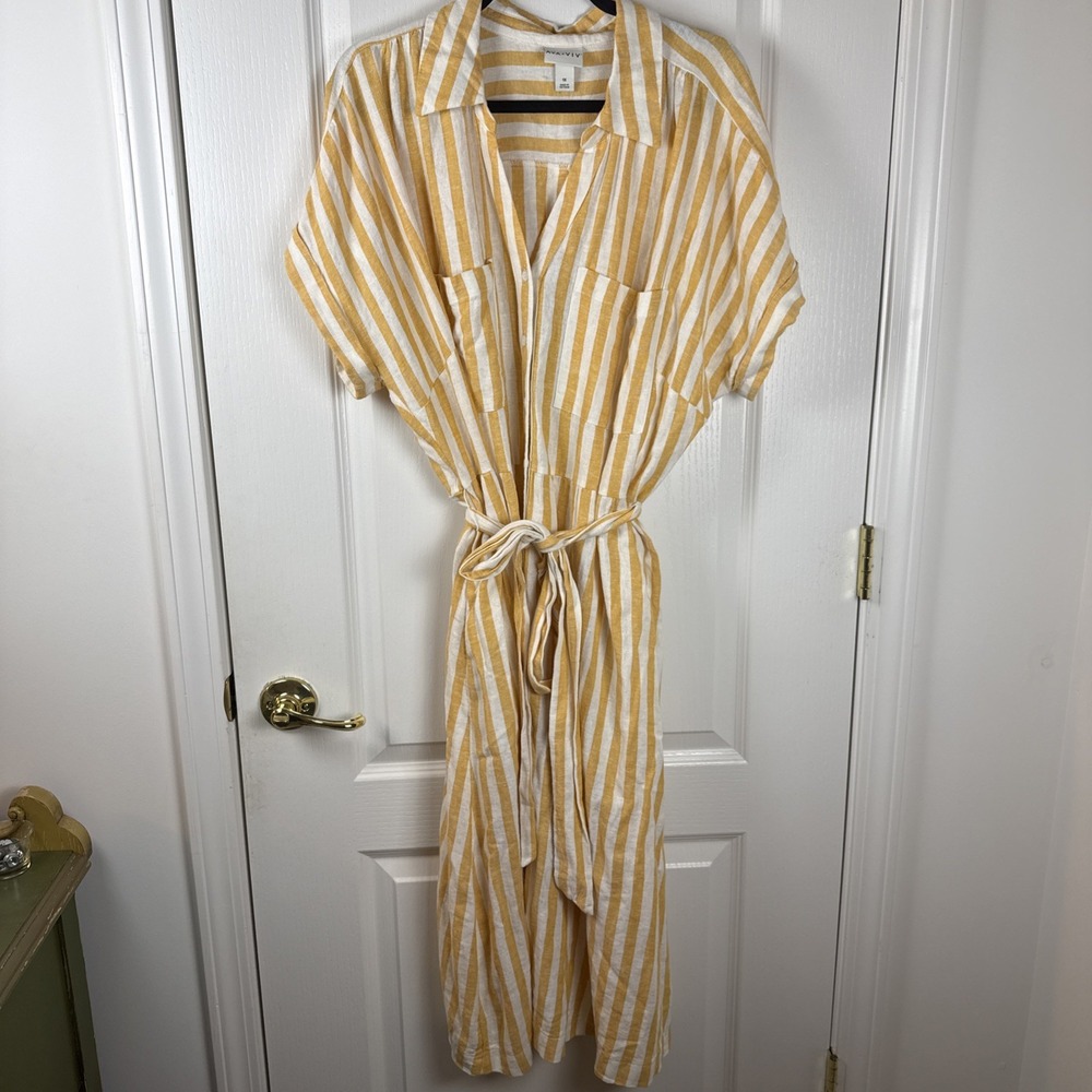 Ava & Viv Linen Blend Striped Yellow White Tie Front Midi Buttons Shirtdress 1X